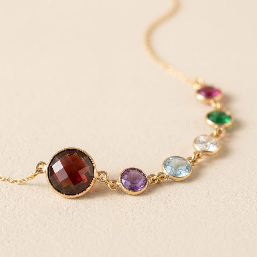 Custom mom birthstone necklace with one larger gemstone and multiple smaller birthstones for kids, sentimental family jewelry gift for Mother’s Day