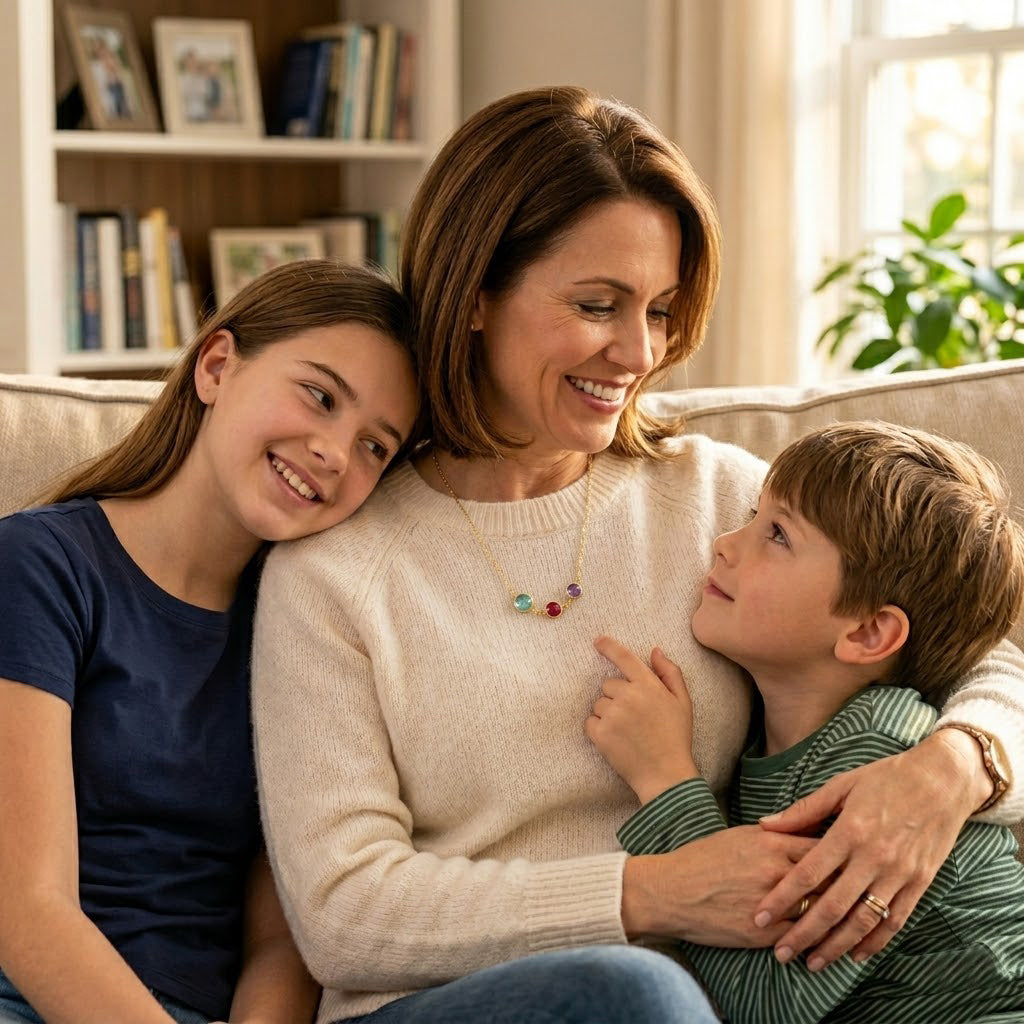 Woman sitting on a couch wearing the custom birthstone station necklace with two children, smiling in a cozy living room.