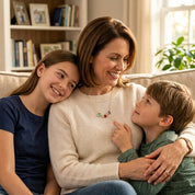 Woman sitting on a couch wearing the custom birthstone station necklace with two children, smiling in a cozy living room.