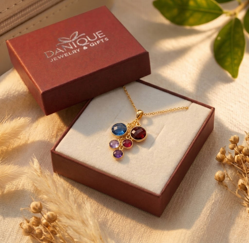Danique Jewelry gift box with custom birthstone necklace, ready as a personalized gift for Mom or Grandma.