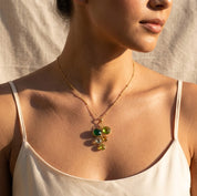 Woman wearing personalized birthstone necklace with round gemstone charms, styled as a meaningful gift for Mom or Grandma.