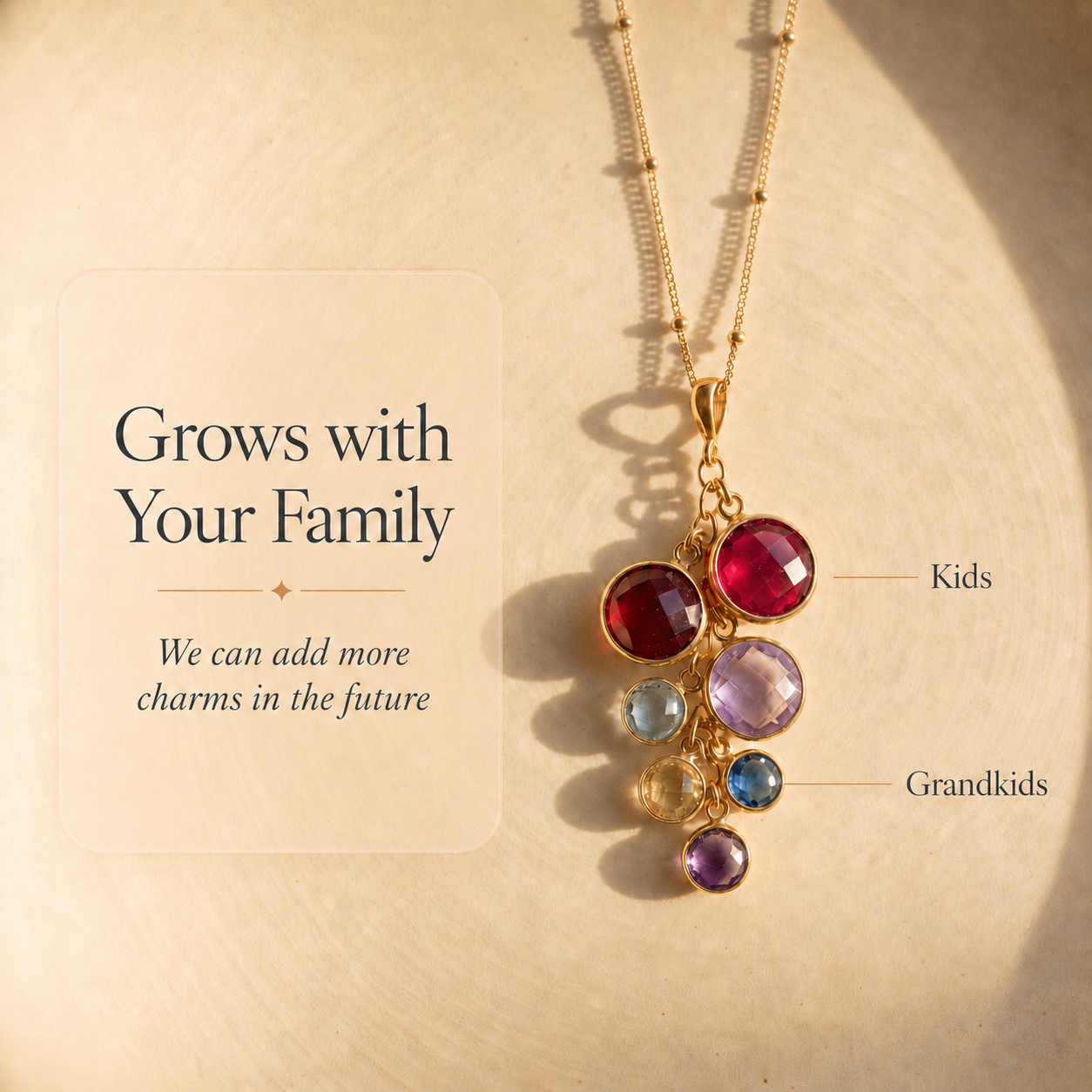 Cascade birthstone necklace with green, purple, blue, and red gemstones showing how family stones can be arranged.