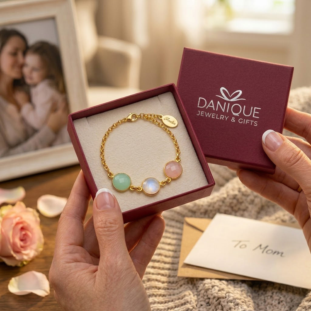 Gift-ready personalized birthstone bracelet in Danique Jewelry box, a custom family bracelet for birthdays, Mother’s Day, or grandma gifts.