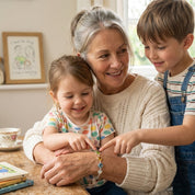Grandmother wearing a custom family birthstone bracelet with grandchildren, a meaningful grandma bracelet gift with personalized gemstones.