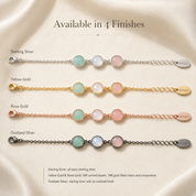 Personalized birthstone bracelet available in four finishes, including sterling silver, yellow gold, rose gold, and oxidized silver options.
