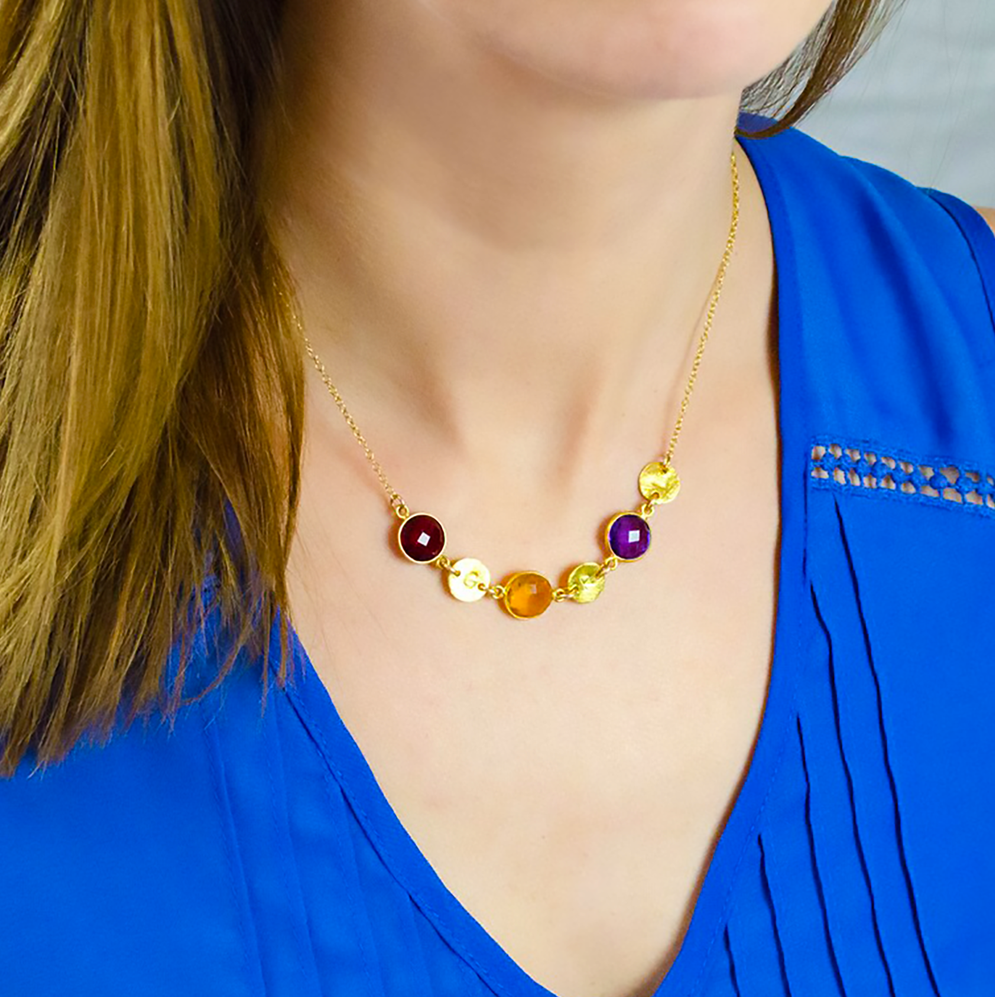 Personalized Round Birthstone & Initial Long Station Statement Necklace