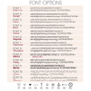 Font options engraving chart showing a variety of script and block lettering styles available for custom engraved jewelry. Choose your preferred font for names, dates, initials, or special messages to personalize bar necklaces, bracelets, rings, and other jewelry pieces. Perfect for creating meaningful, one-of-a-kind gifts for weddings, anniversaries, birthdays, and everyday wear.