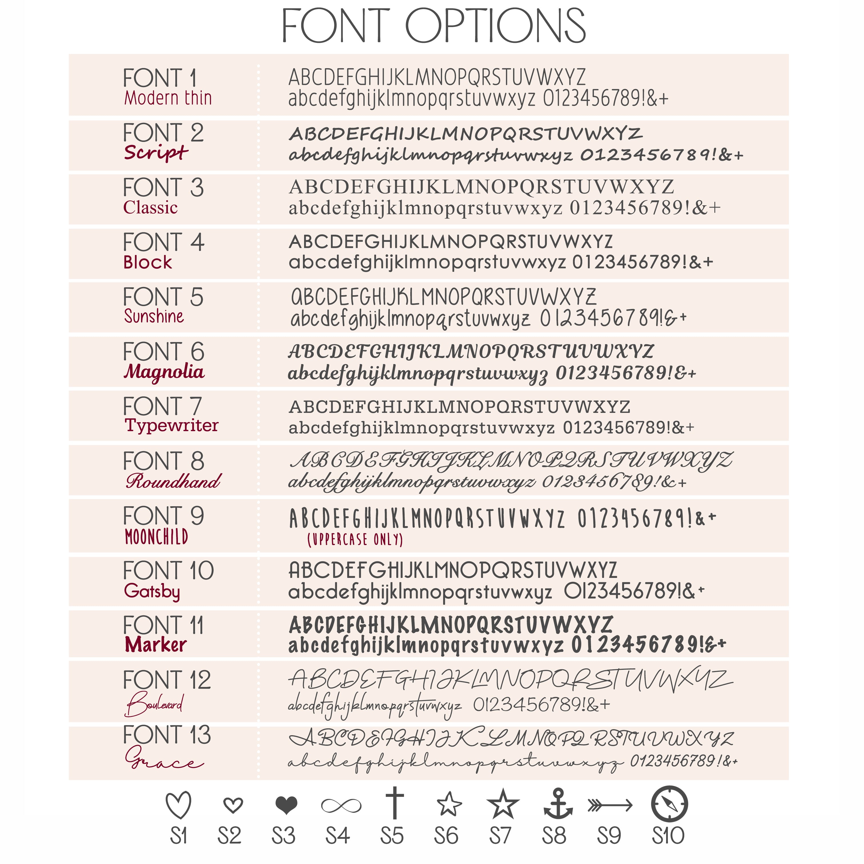 Font options engraving chart showing a variety of script and block lettering styles available for custom engraved jewelry. Choose your preferred font for names, dates, initials, or special messages to personalize bar necklaces, bracelets, rings, and other jewelry pieces. Perfect for creating meaningful, one-of-a-kind gifts for weddings, anniversaries, birthdays, and everyday wear.