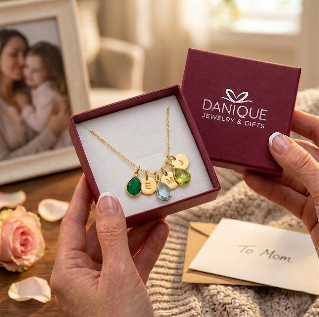 Danique Jewelry gift box with personalized birthstone and initial necklace, ready for gifting to mom or grandma.