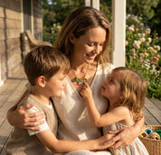 Mother wearing a custom birthstone and initial necklace while sitting with her children, symbolizing family keepsake jewelry.