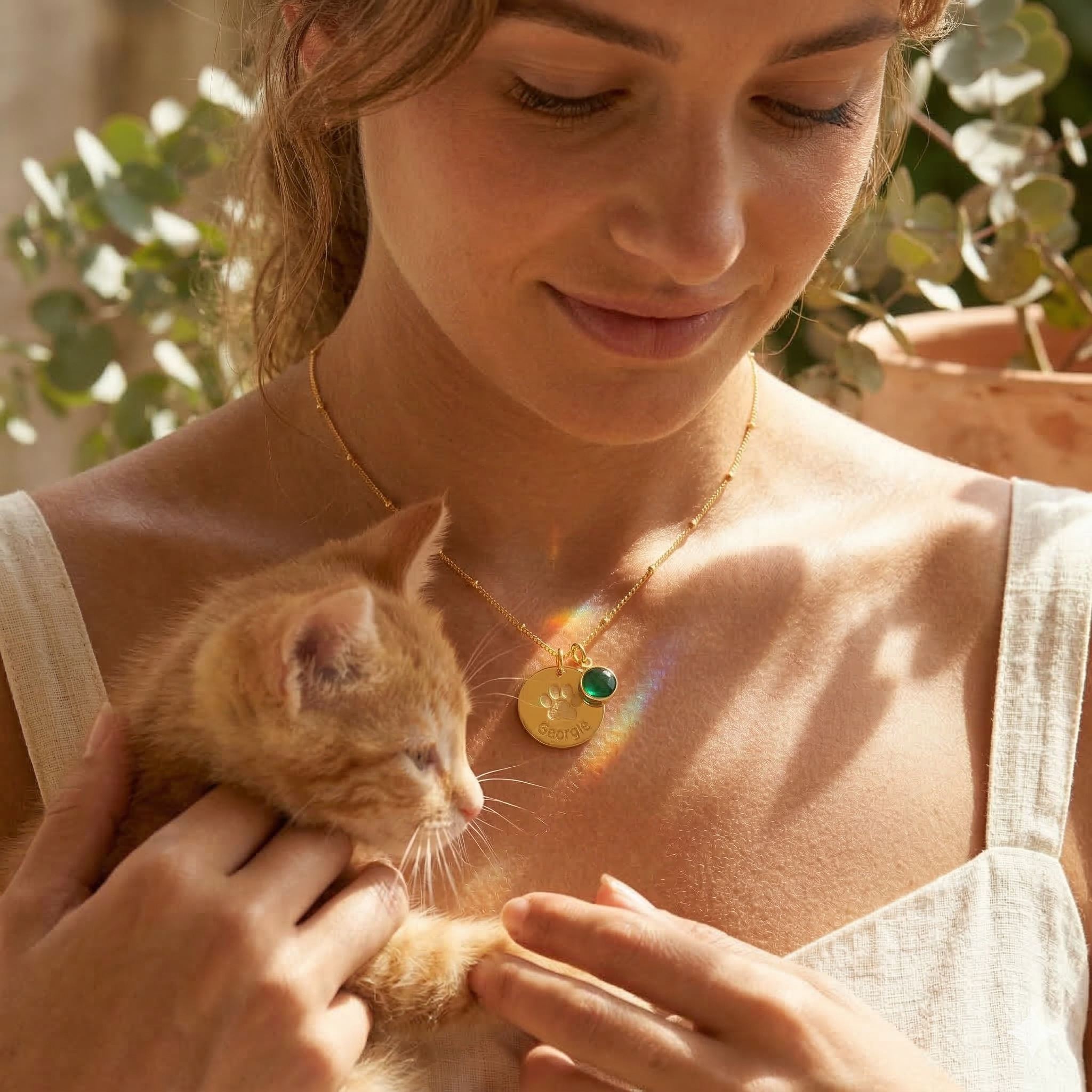 Woman wearing custom paw print necklace with birthstone charm, pet memorial jewelry