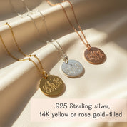Set of personalized swirly monogram necklaces in sterling silver, yellow gold-filled and rose gold-filled finishes, each featuring a beautifully engraved three-letter monogram on a polished disc pendant displayed on satin fabric. Custom monogram initial necklaces make meaningful gifts for Mom, Grandma, daughters or bridesmaids. Perfect for Mother’s Day, weddings, birthdays, Christmas and commemorating special moments with optional back engraving available.