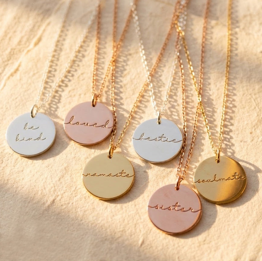 Personalized Disc Pendant Necklace, Yellow Gold Rose Gold Sterling Silver Necklaces Inspirational Message Engraving