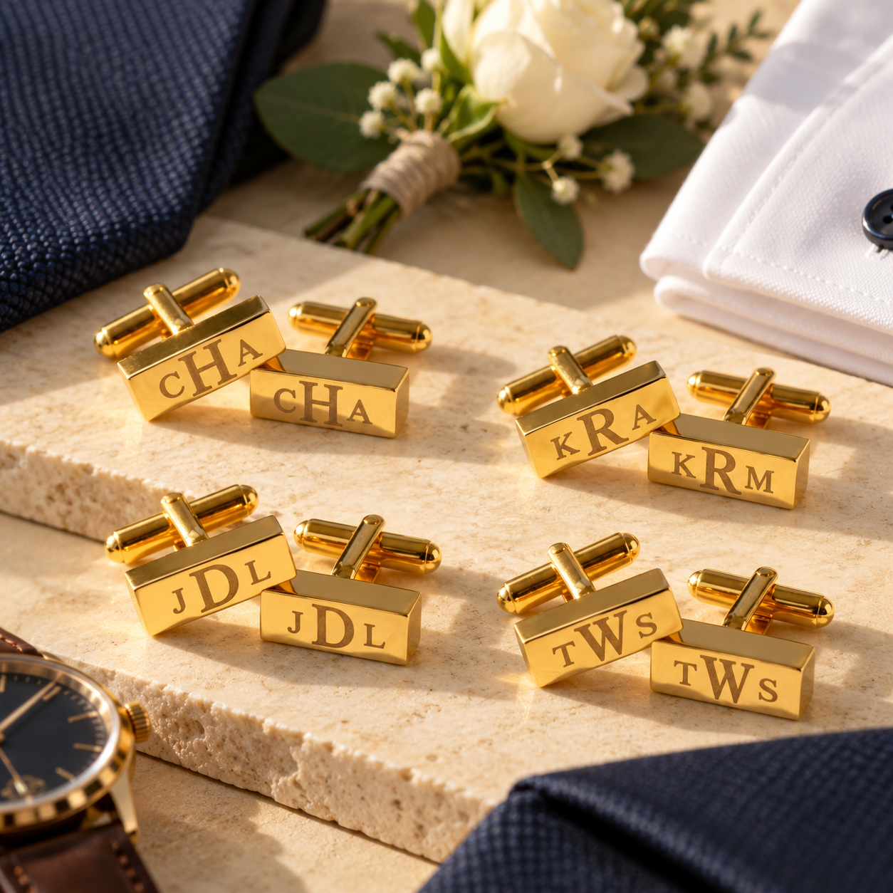Personalized gold monogram cufflinks displayed as a groom, best man or groomsmen gift.
