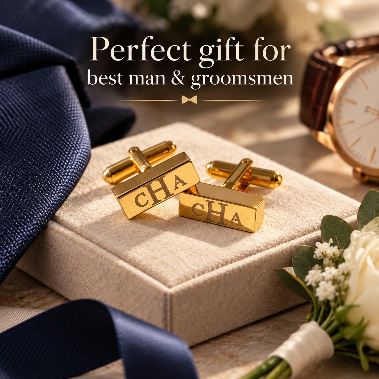 Personalized 3D bar cufflinks with custom engraving and multiple metal finish options.
