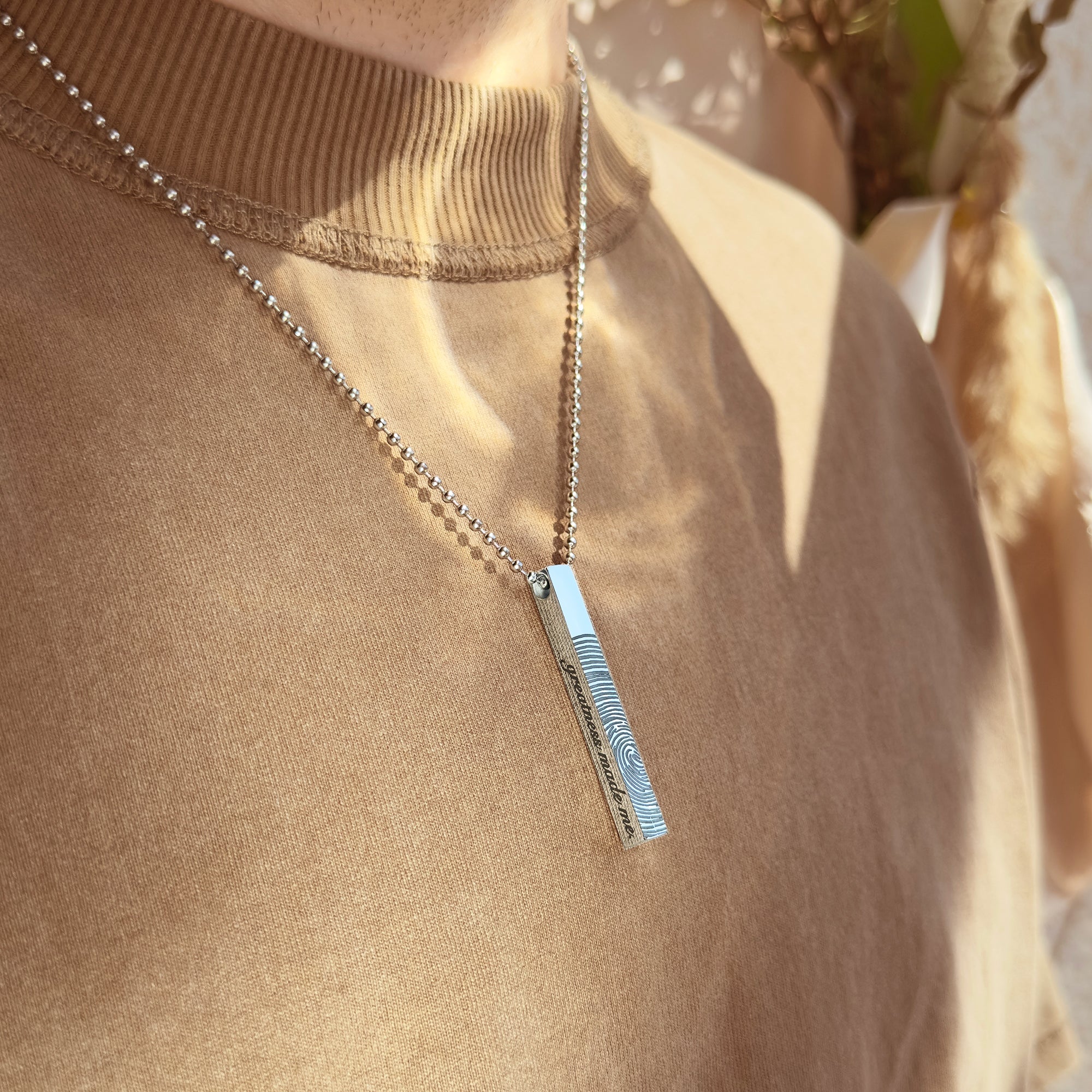 Custom 3D Bar Pendant for Men Engraved Signature, Fingerprint