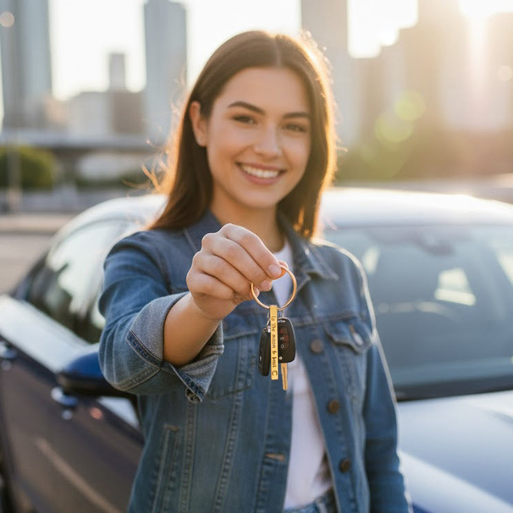 Personalized metal bar keychain with custom engraving shown in multiple color options including gold, silver and matte black, featuring clean modern typography on each engraved surface.