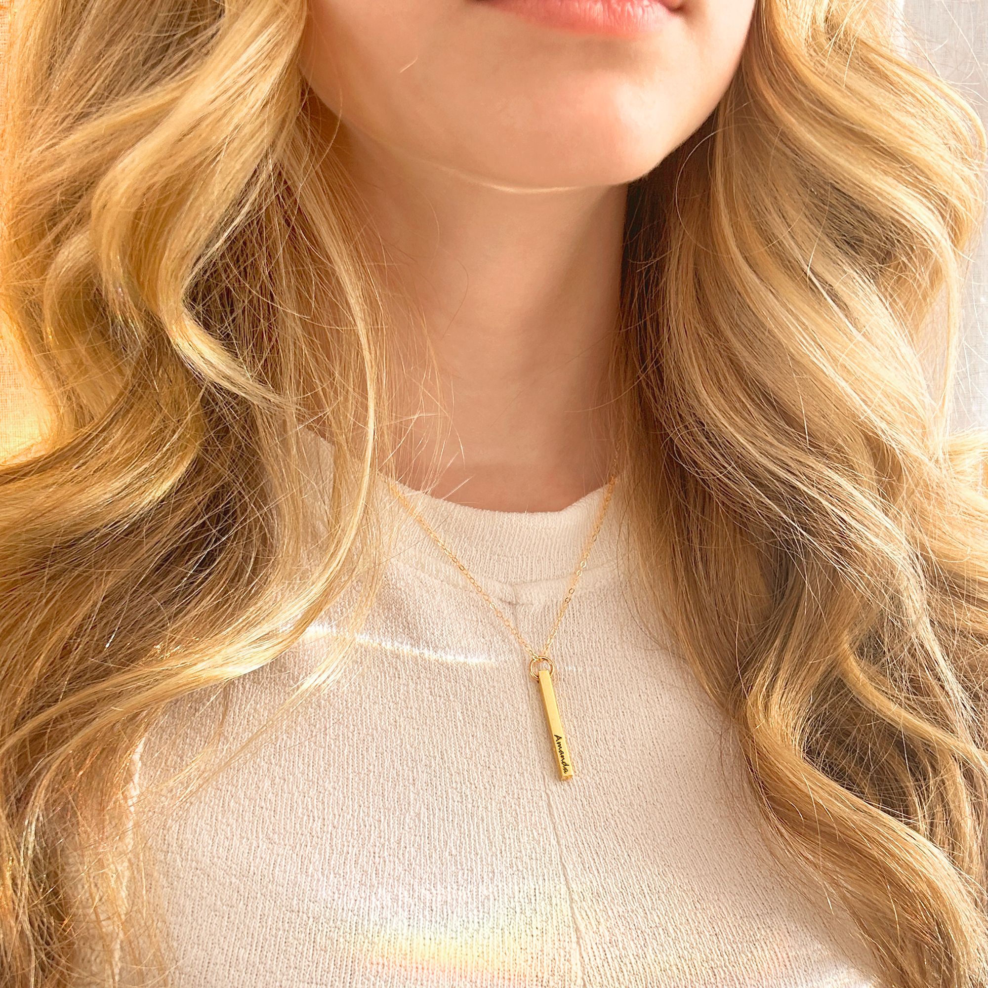 Dainty Engraved 3D Bar Necklace, Stainless Steel Laser Engraved Name Necklace, 4 Sides Engraved Stick Charm, Birthday Gift for Mom, Mother's Day Gift