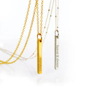 One gold filled dainty bar pendant on a cable chain with name and a special date engraved in our handscript writing. One silver dainty bar pendant on a satellite chain with a phrase and roman numerals engraved in our classic font style. necklaces for women, gift for her, gift for wife, birthday, christmas gift, valentine's day gift, gift for girlfriend, anniversary gift, silver anniversary, gold anniversary, personalized jewelry, custom jewelry, gift for fiance, holiday gift, unique gift ideas