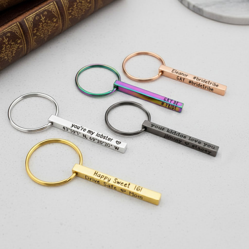 Personalized Mini Bar Keychain – Engraved 4-Side – Danique Jewelry
