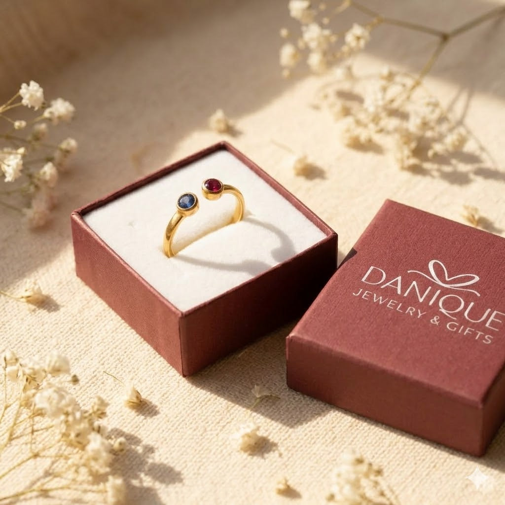 Gift-ready adjustable birthstone ring in premium box, perfect personalized jewelry gift for birthdays, anniversaries, or Mother’s Day