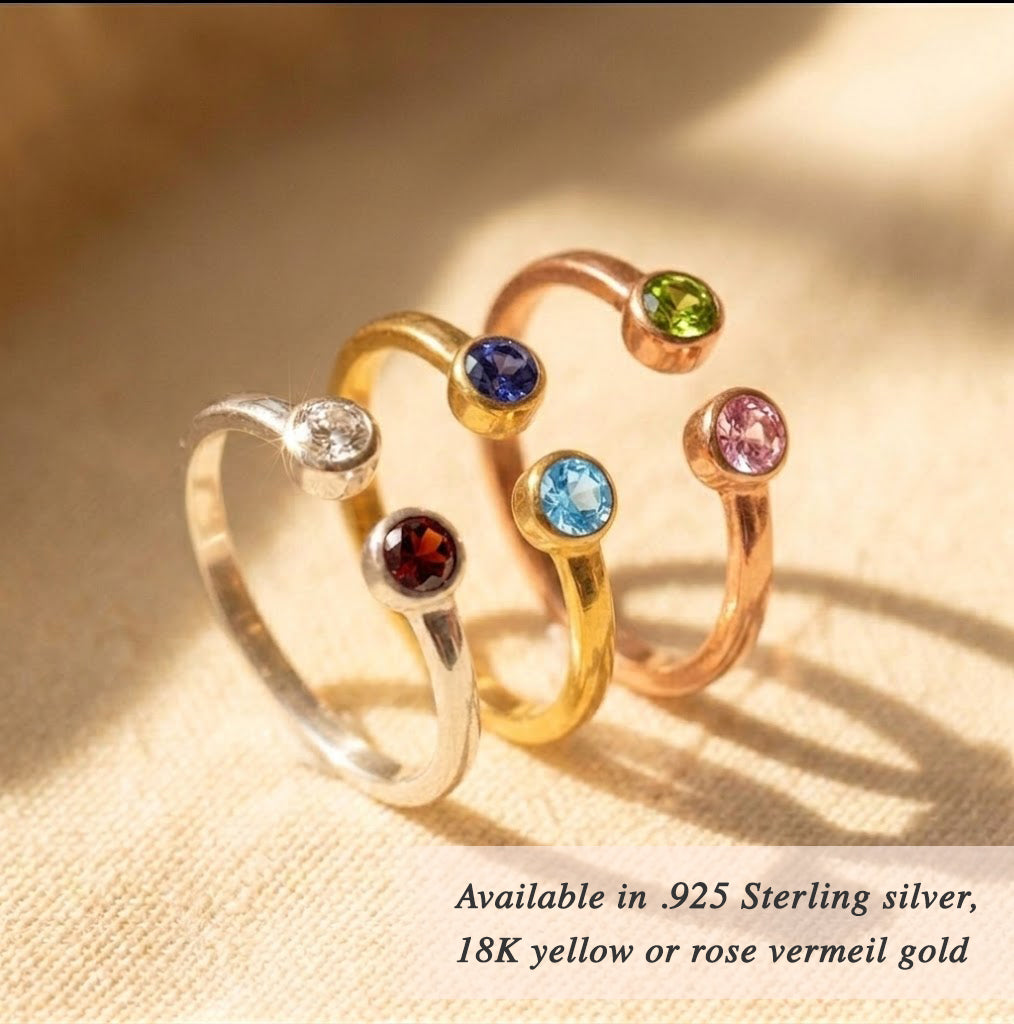 Adjustable birthstone rings in gold, rose gold, and silver with natural gemstones, showing different color combinations and stacking options