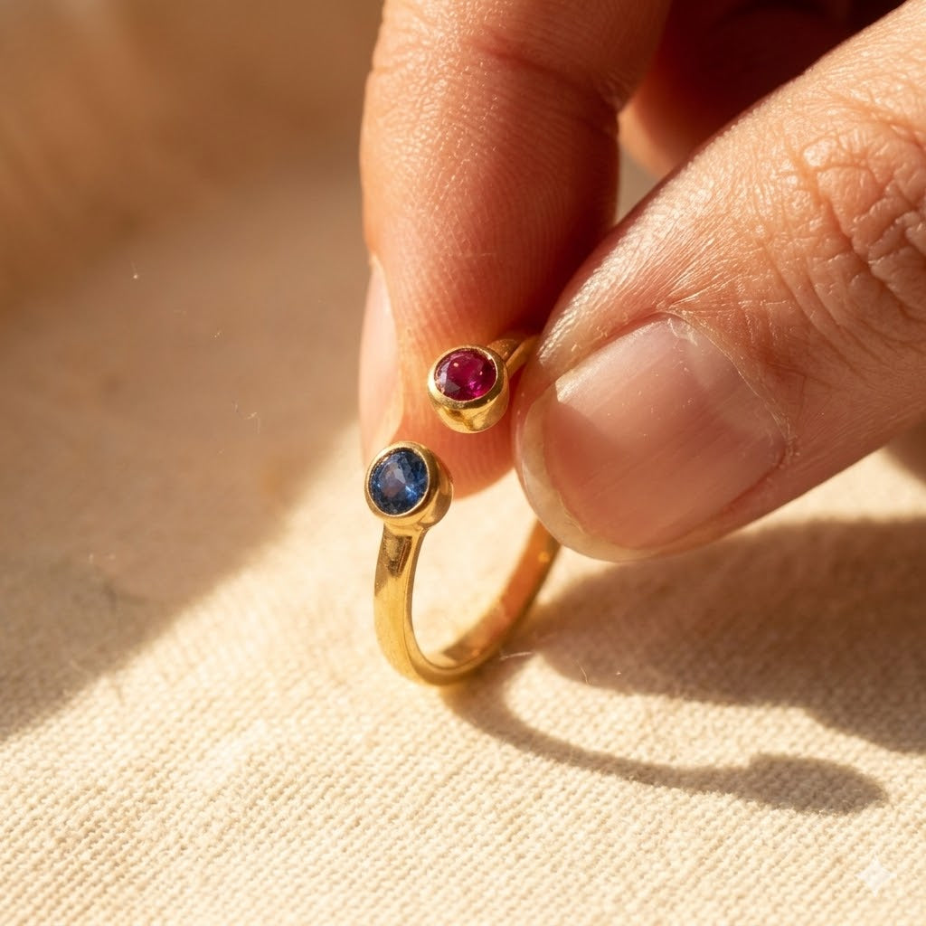 Close-up of natural faceted birthstones on adjustable ring, highlighting gemstone clarity and fine vermeil gold setting