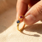 Close-up of natural faceted birthstones on adjustable ring, highlighting gemstone clarity and fine vermeil gold setting