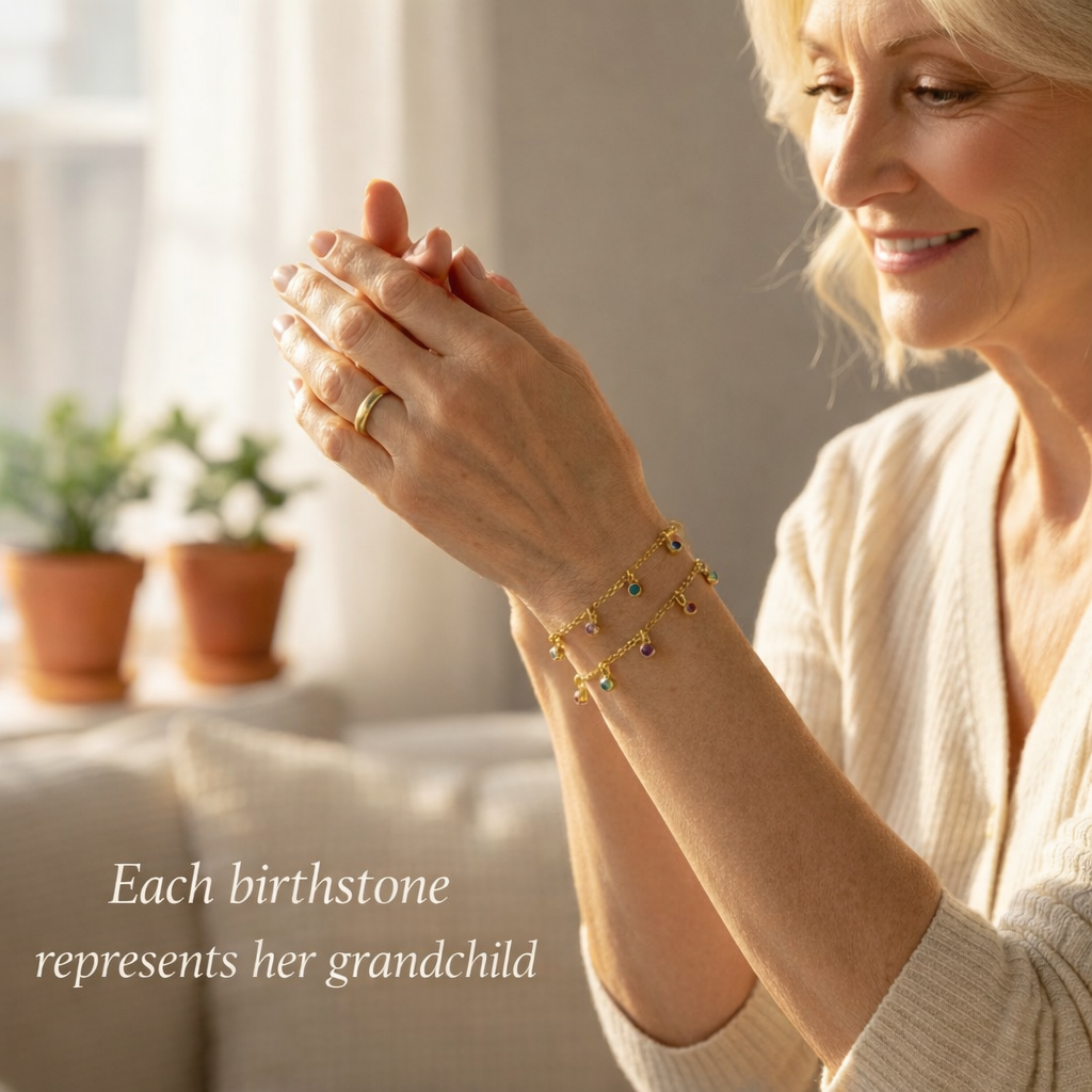 Grandma admiring her birthstone bracelet, each gemstone representing her grandchild, sentimental family jewelry gift from children or grandchildren