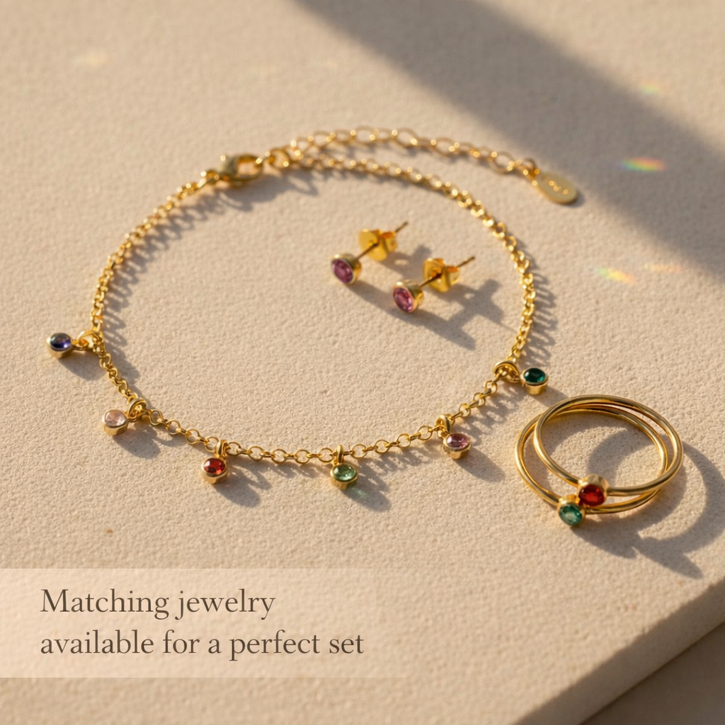 Matching jewelry set with birthstone bracelet and rings, personalized gemstone jewelry perfect for coordinated family or gift sets