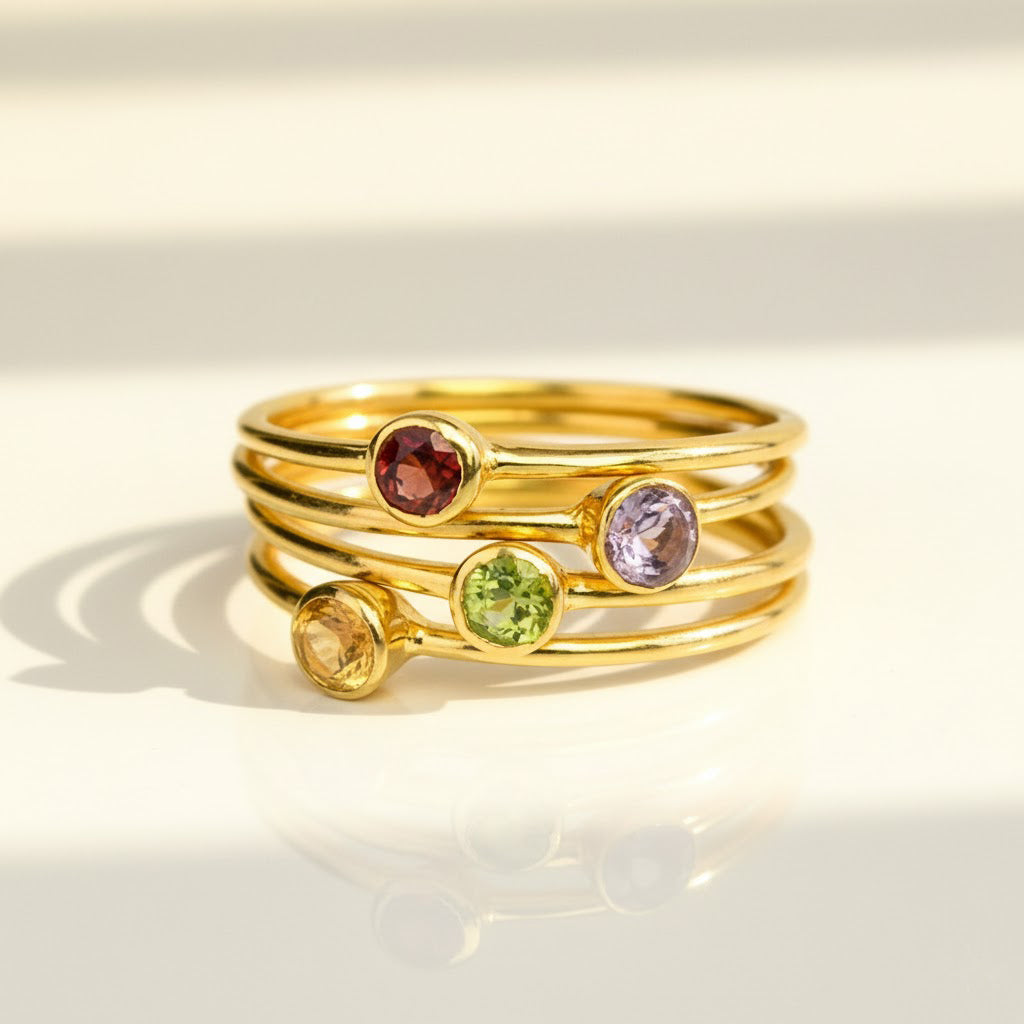 Set of 4 tiny round gemstone rings garnet purple amethyst peridot citrine birthstones vermeil gold plating