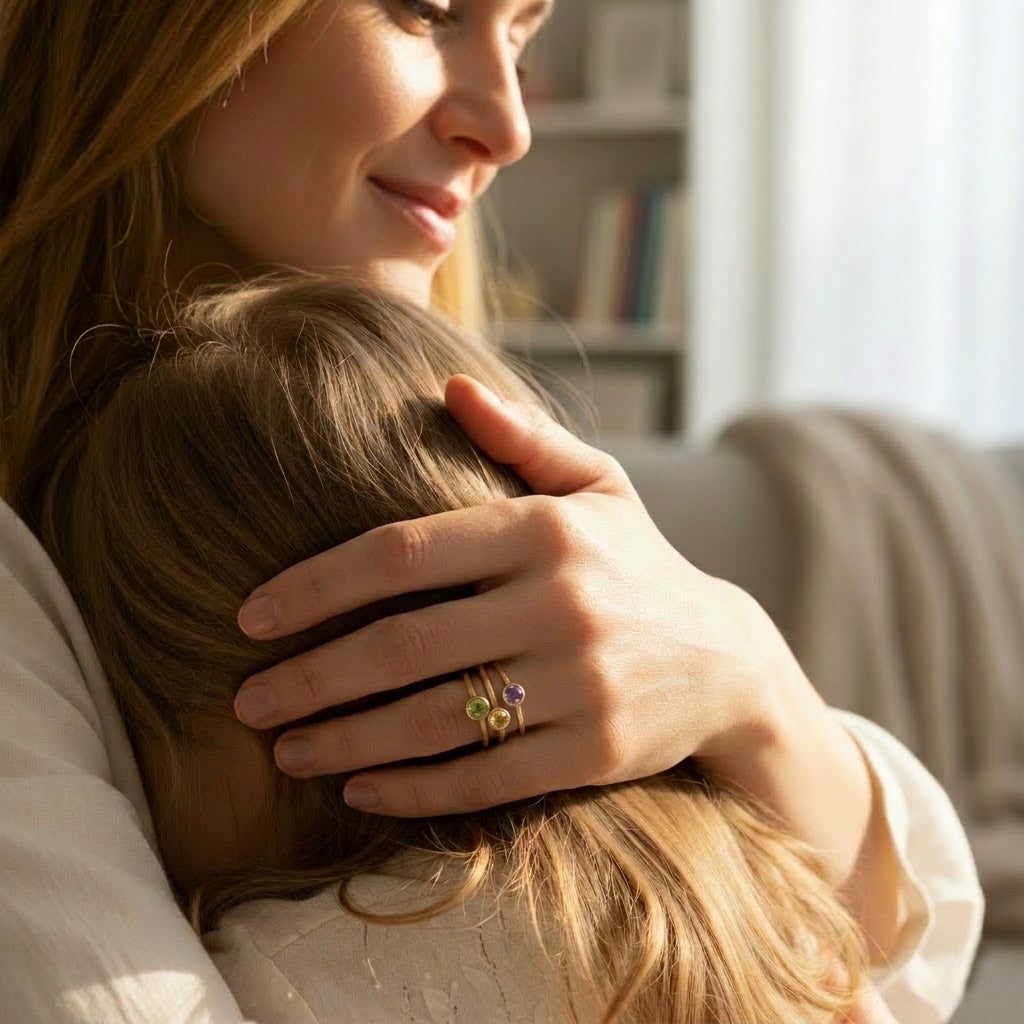 Mother hugging child while wearing a stackable birthstone ring set, meaningful family jewelry gift for mom, grandma, or new mother