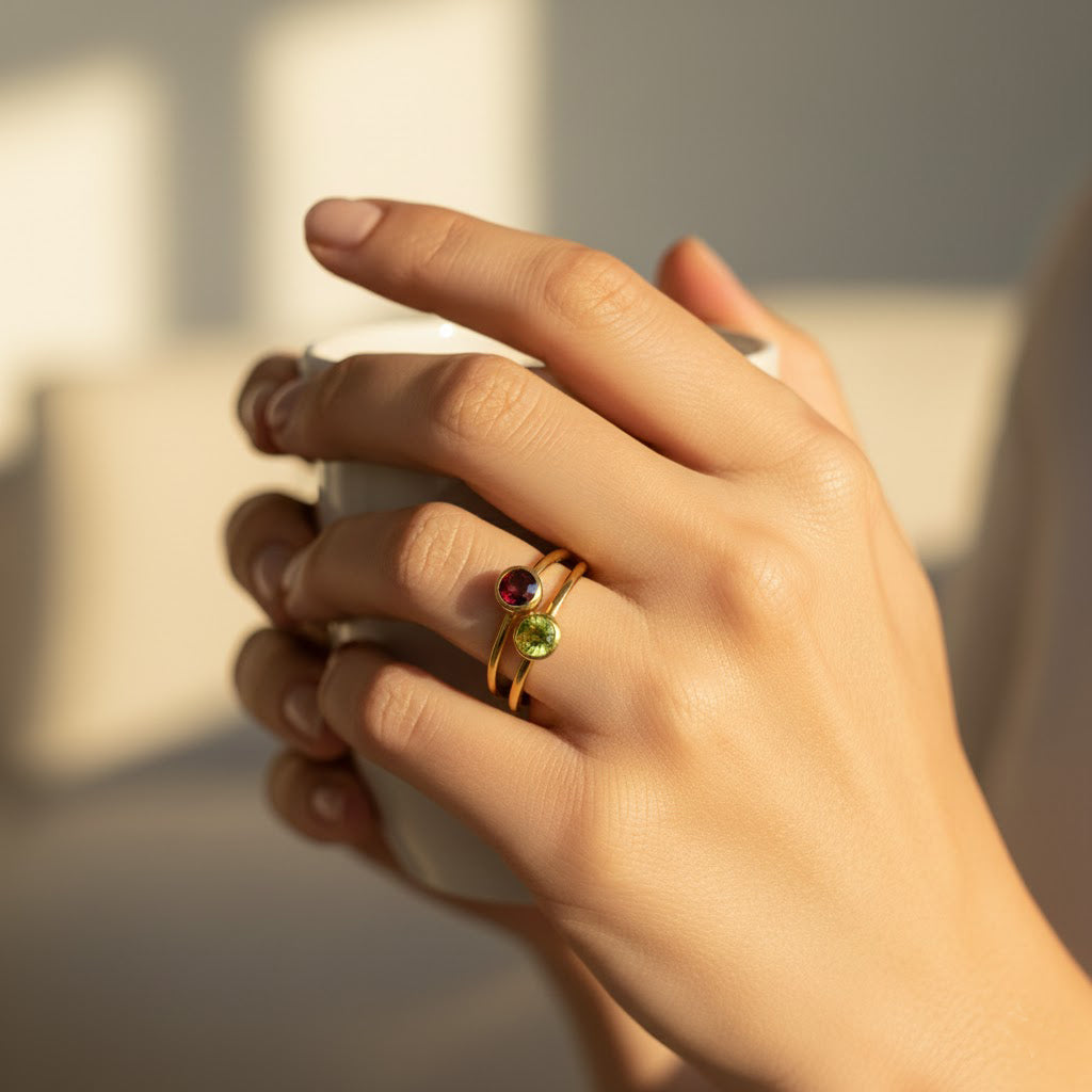Woman wearing stackable birthstone rings, dainty custom family ring set in yellow gold for mom, couple, friendship, or everyday jewelry