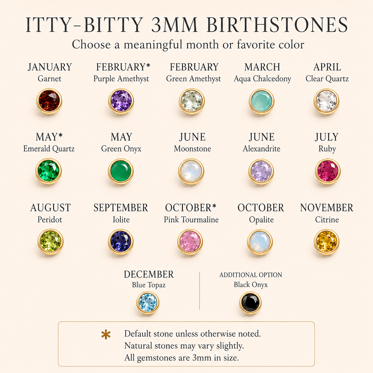 Birthstone chart showing tiny 3mm gemstone choices by month for a personalized birth month necklace.