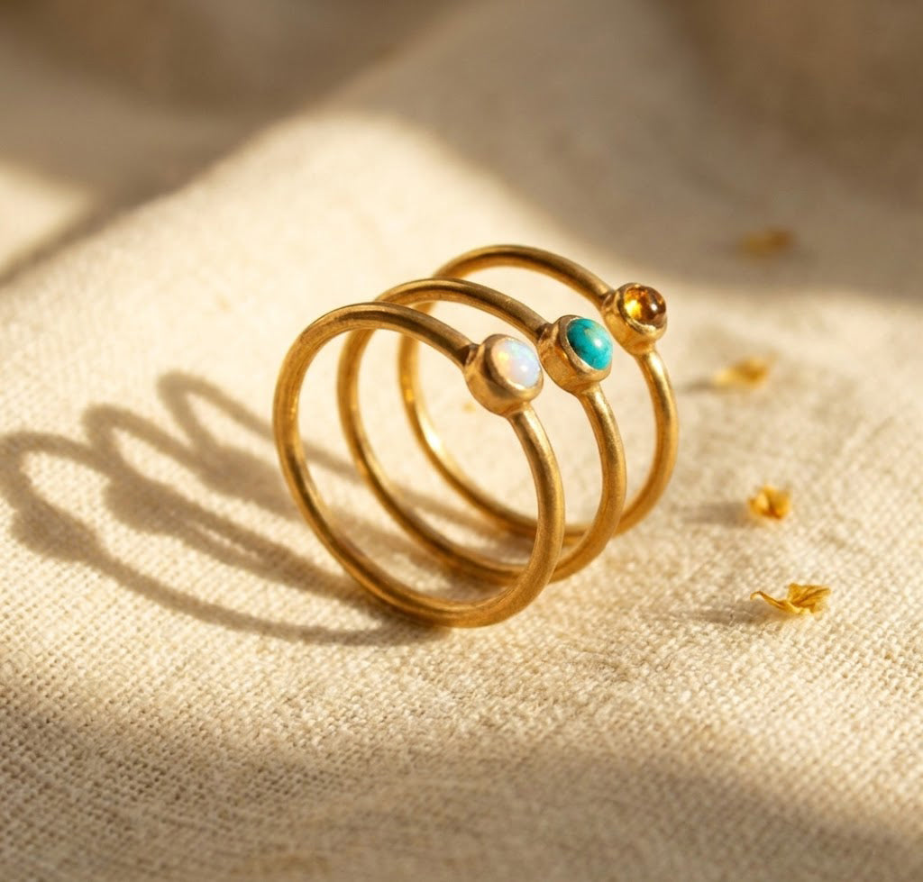 Dainty gold opal ring with soft glowing October opalite, November Citrine, December turquoise stone