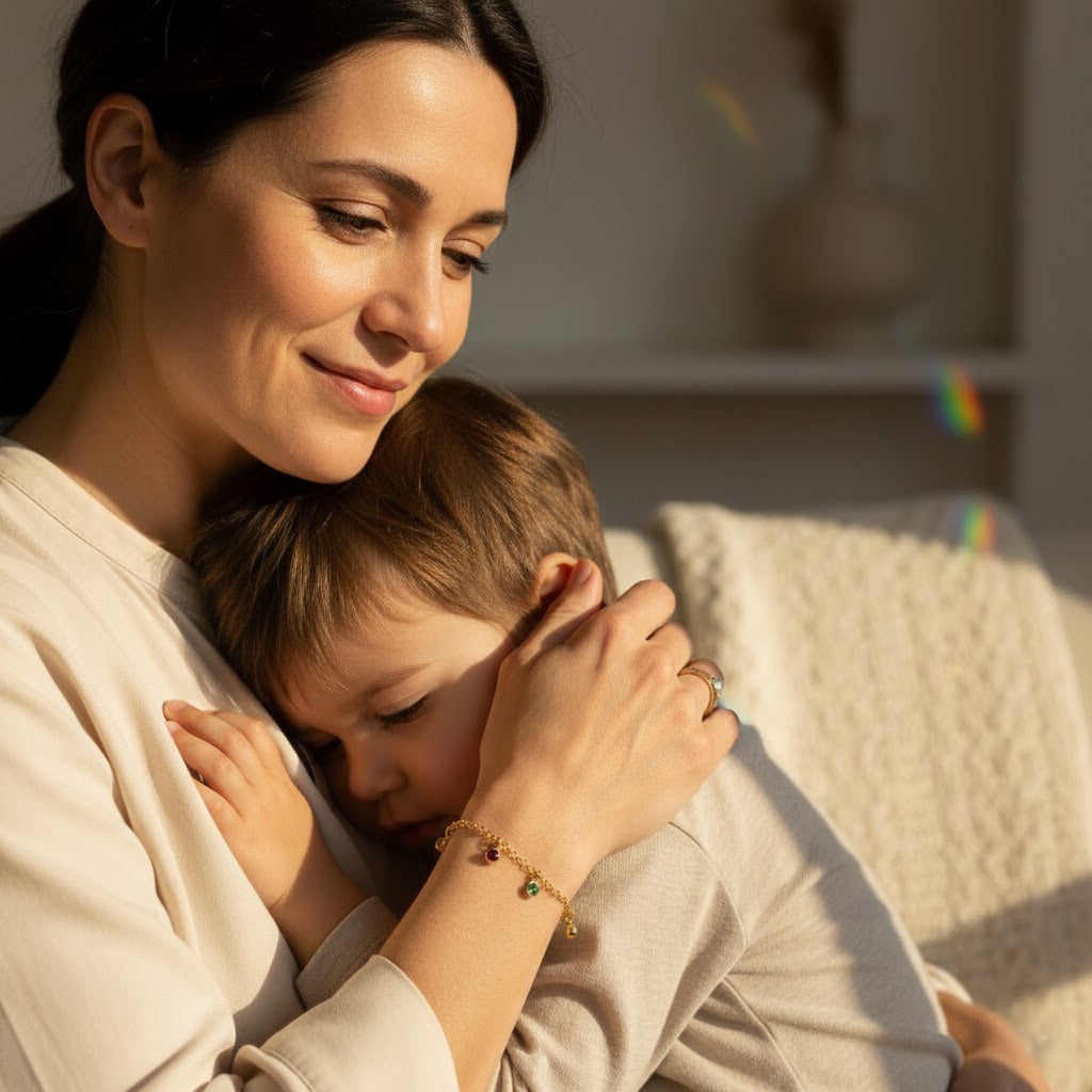 Mother holding child while wearing birthstone bracelet, sentimental family jewelry with each gemstone representing a child or grandchild, meaningful gift for mom or grandma