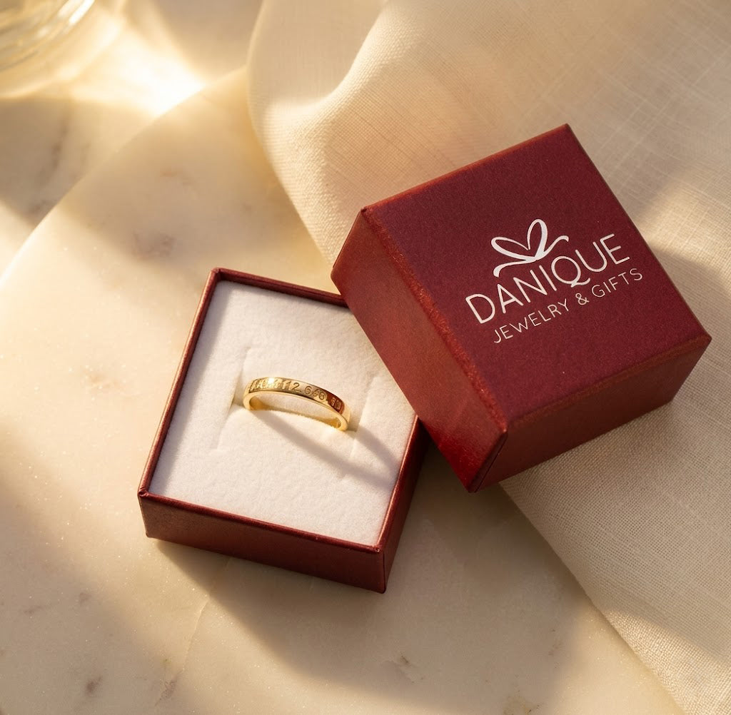 Gift-ready personalized engraved ring in Danique Jewelry box, handmade for a special keepsake gift.
