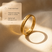 Minimalist 3mm engraved ring worn as a dainty stacking band or meaningful promise ring engraved outside and inside