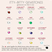 Birthstone chart titled “Itty-Bitty Gemstones” showing 3mm stones for each month: January Garnet, February Purple Amethyst and Green Amethyst, March Aqua Chalcedony, April Clear Quartz, May Emerald Quartz and Green Onyx, June Moonstone, July Ruby, August Peridot, September Iolite, October Pink Tourmaline, Pink Chalcedony and Opalite, November Citrine, December Blue Topaz, plus Black Onyx as an extra option.