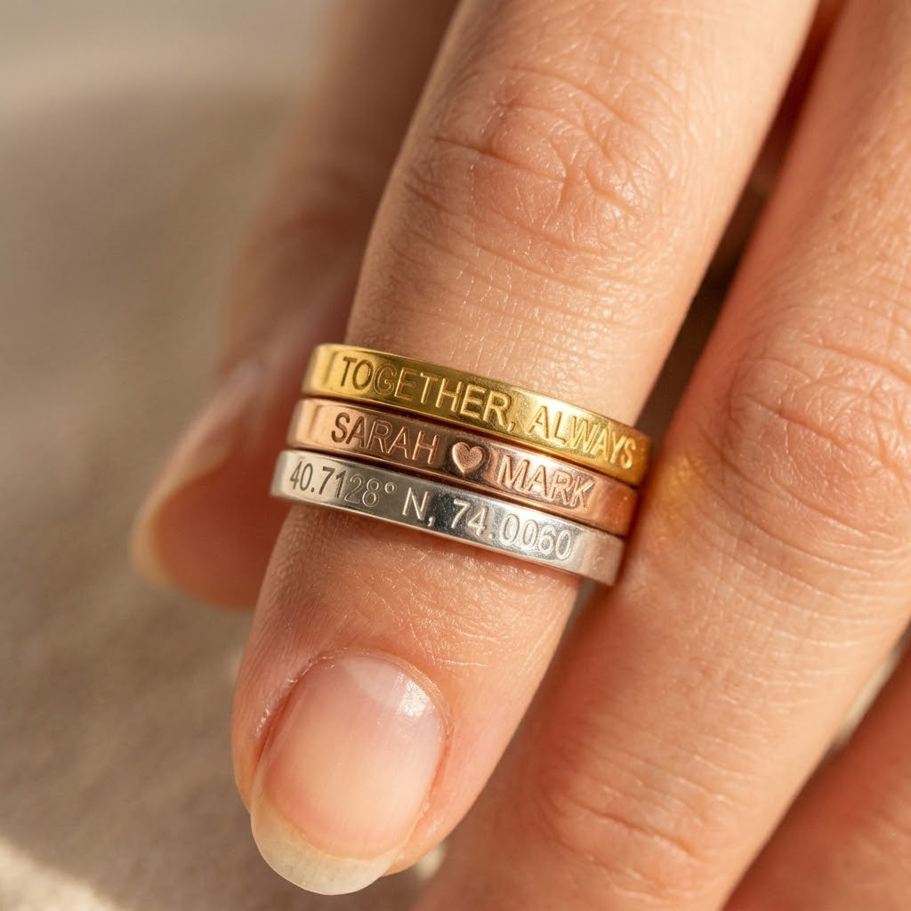 gold rings that say pinky and promise on the inside. Custom Engraved, Name Engraving, Date Engraving, Coordinates Engraving, Initials, Short Quote, Secret Message, Love Note, Roman Numerals, Forever, Always, Promise ring, Soulmate, Best Friends, Family Bond, Anniversary Gift, Birthday Gift, Graduation Gift, Wedding Band, Couple Ring, Memorial Ring, valentine's day, Sentimental, Hidden Message, Minimalist Design, christmas, gift for husband, gift for wife