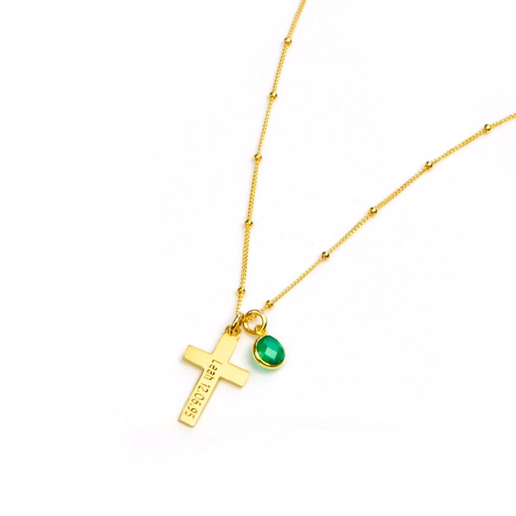 One gold cross necklace with may birthstone. Birthstone jewelry, first communion gift, easter gift, religious jewelry, cross jewelry, cross necklace, baptism gift, communion gift, gift or her, religious necklace, engraved cross charm, gift for mom, gift for teen, gift for girl, christmas gift, valentine's gift, birthday gift, anniversary gift. 