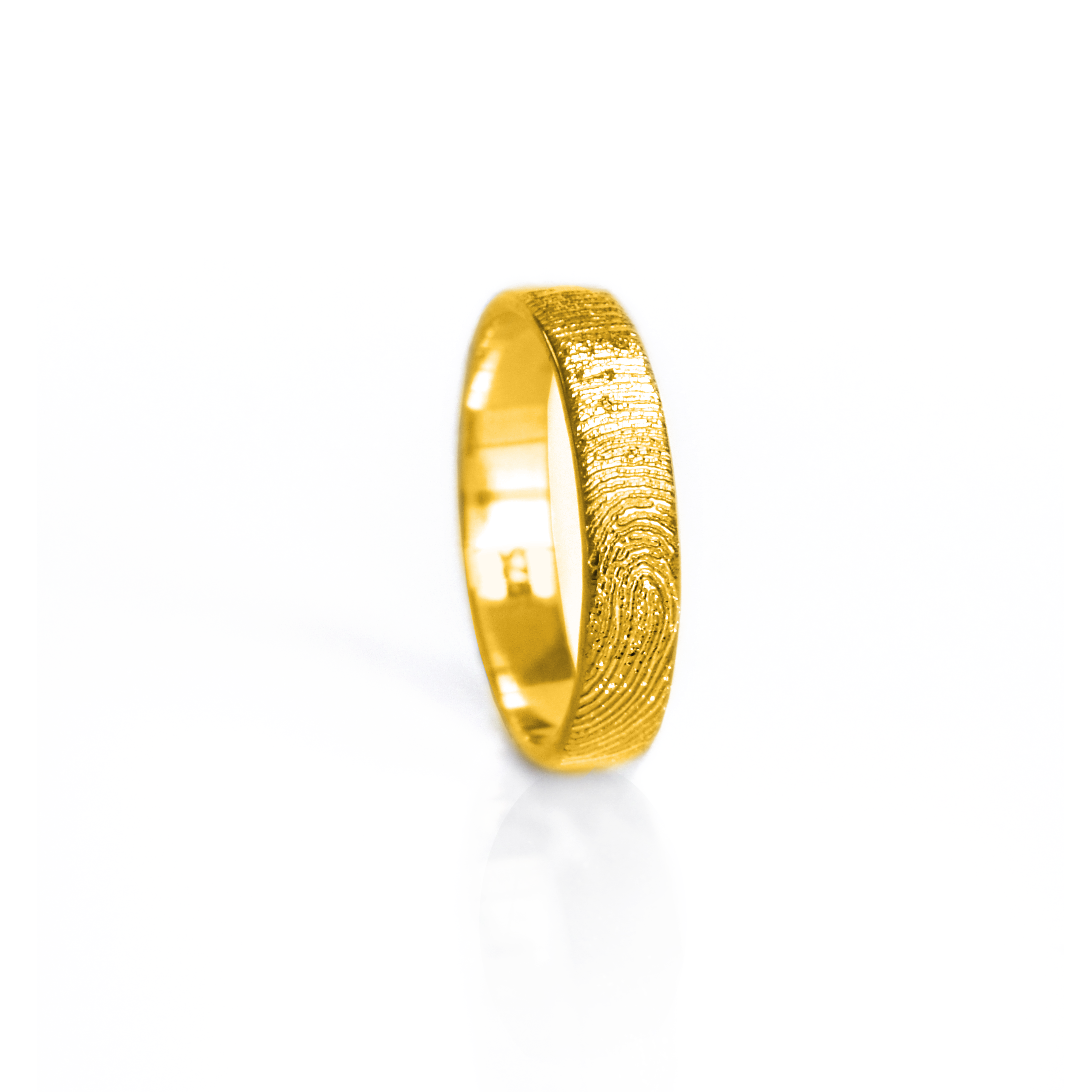 4mm fingerprint engraved ring in gold with detailed fingerprint impression, a custom unisex band perfect for men or women. This personalized engraved ring is crafted as a thin wedding band, promise ring, or memorial keepsake. Available in sterling silver, gold, and rose gold, this handmade fingerprint ring captures the unique touch of your loved one for a meaningful keepsake gift.