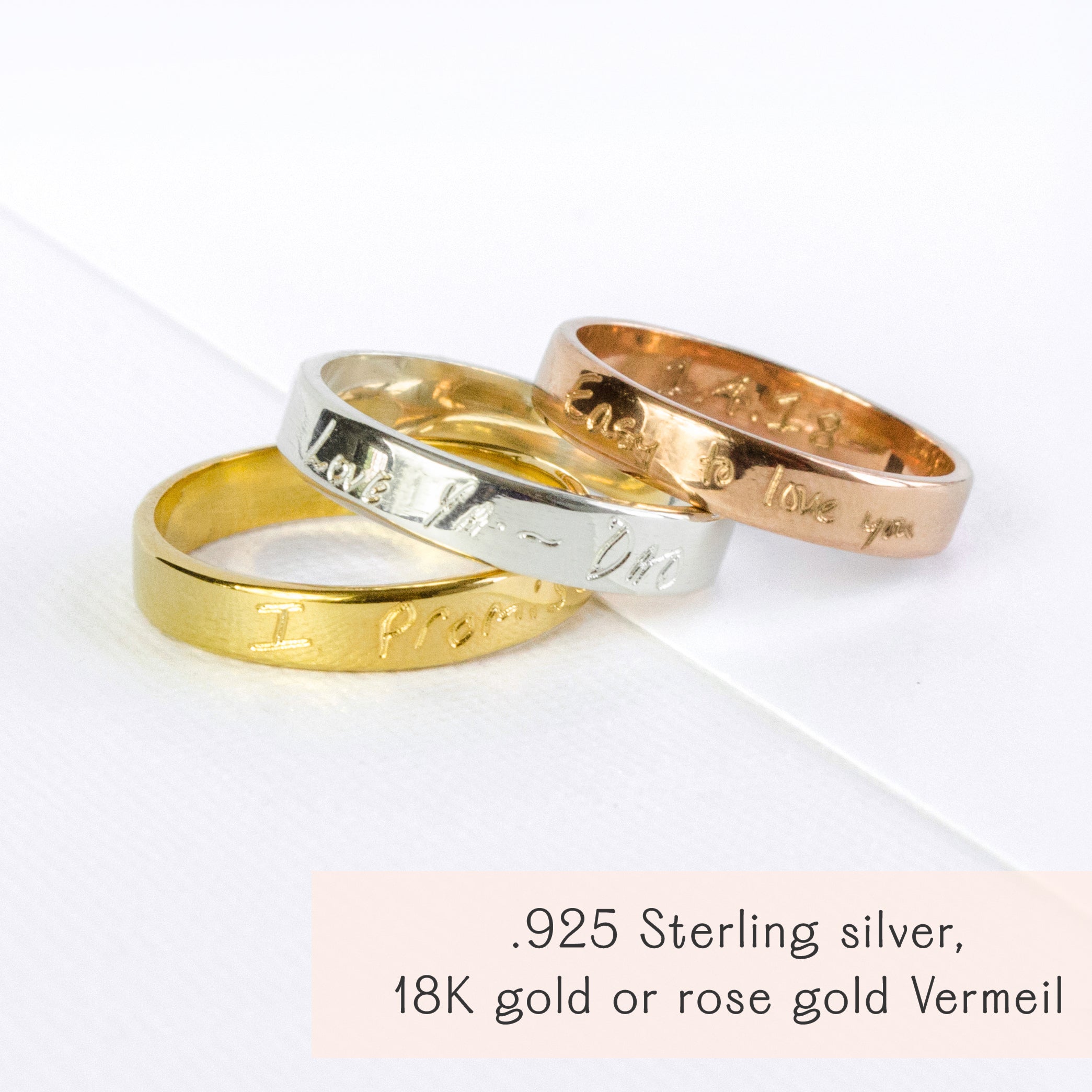 Three personalized handwriting engraved rings stacked together in gold, silver, and rose gold, each featuring custom engravings such as names, dates, or coordinates. Slim 4mm bands designed as unisex jewelry, these custom engraved rings make meaningful promise rings, wedding bands, or memorial keepsakes. Each ring is handmade with precision laser engraving for lasting detail.
