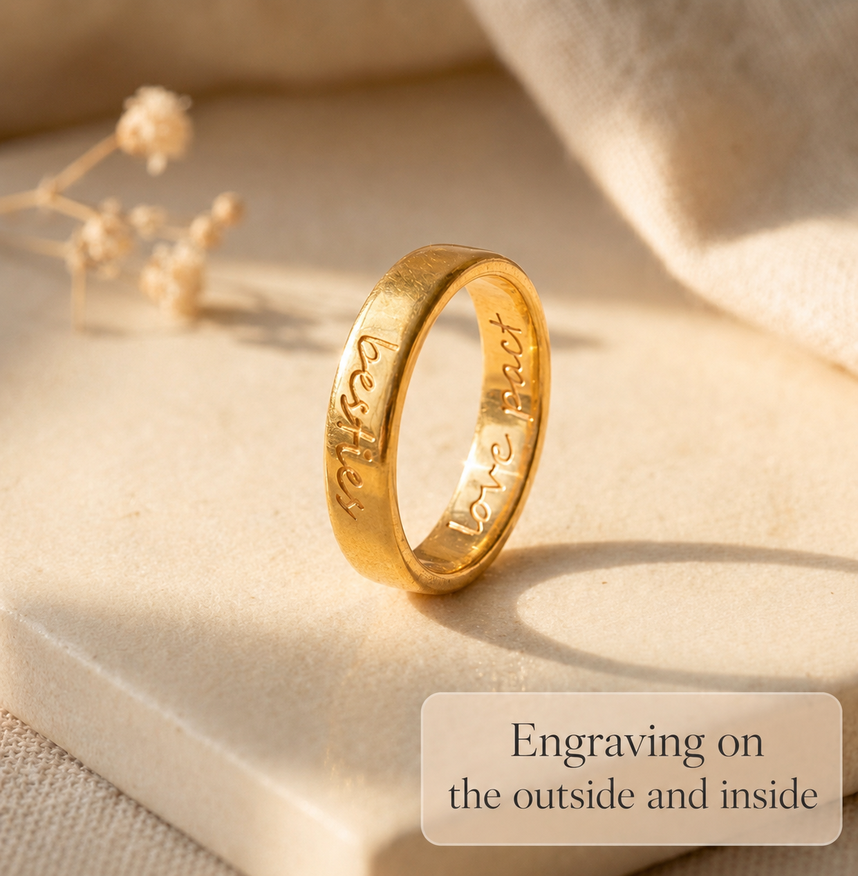 Custom Handwriting Engraved Ring 4mm; Personalized Name & Coordinates