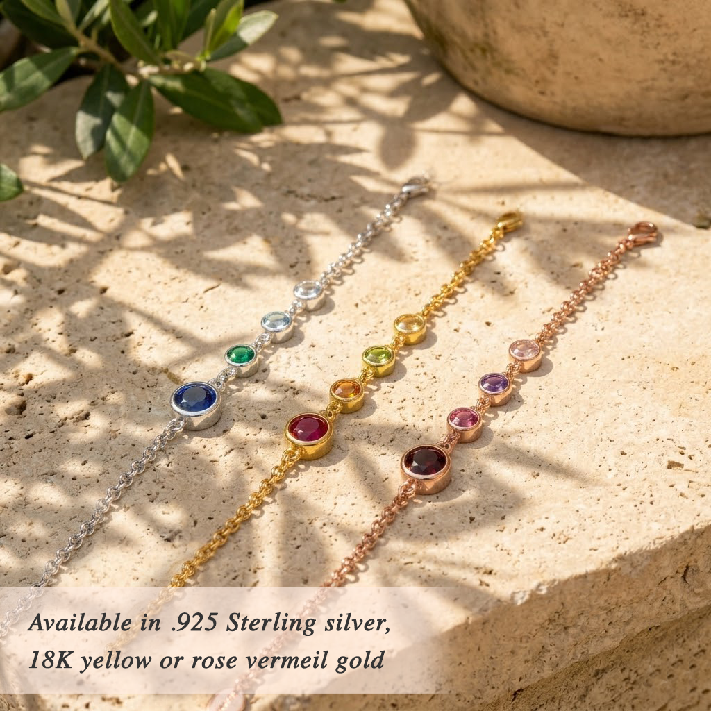 Multiple custom birthstone bracelets in gold and silver with engraved initials, personalized Mother’s Day gift for mom and grandma family jewelry
