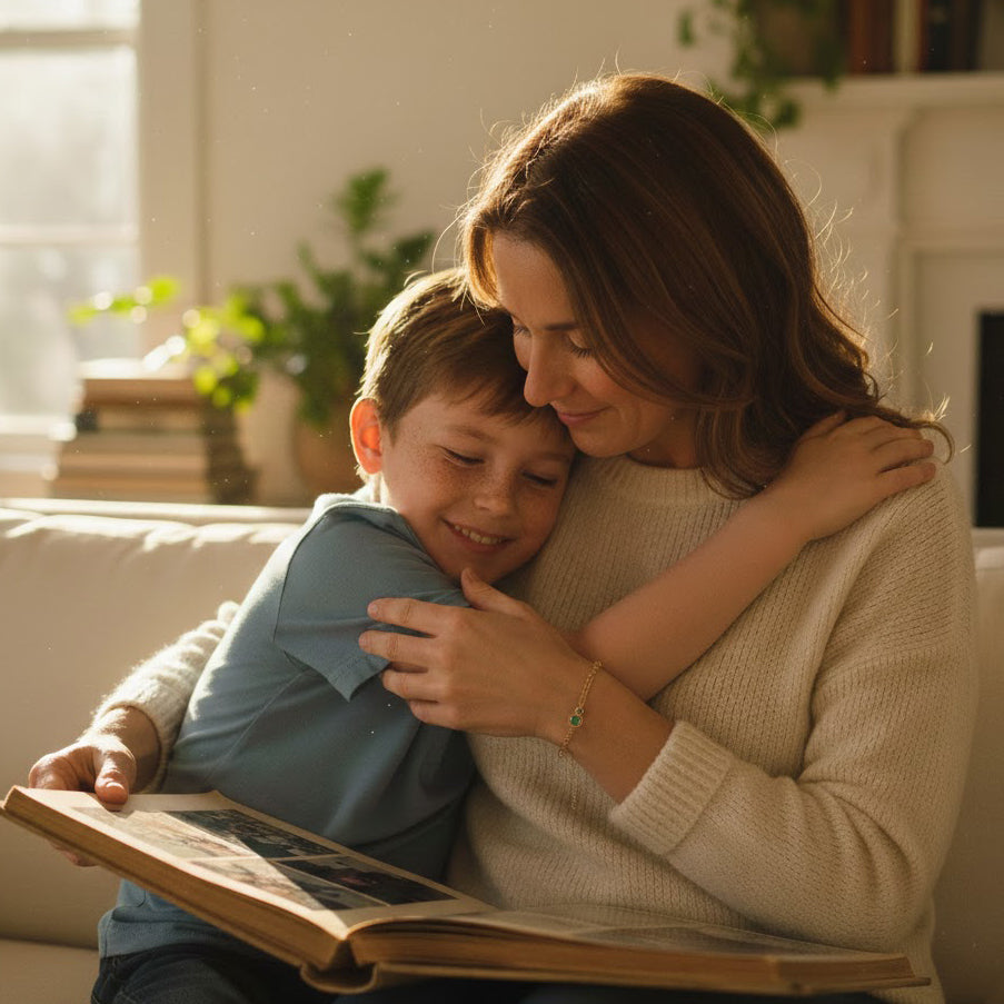 This delicate mom bracelet with birthstones allows you to customize the stone order, representing each child in a refined bezel setting on an adjustable chain designed for everyday layering.