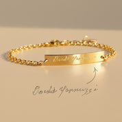 Personalized engraved bar bracelet in gold with custom name engraving, minimalist bar charm bracelet for women, custom jewelry gift for mom or anniversary