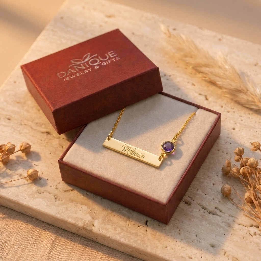 Font options for personalized engraved Danique Jewelry bar necklace