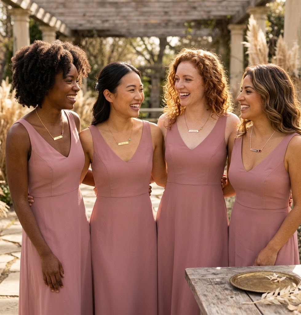 Bridesmaids wearing coordinated personalized jewelry at outdoor wedding
