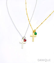 one sterling silver engraved cross necklace with garnet birthstone on cable chaine. One gold plated engraved cross necklace with green onyx birthstone on satellite chain. Birthstone jewelry, first communion gift, easter gift, religious jewelry, cross jewelry, cross necklace, baptism gift, communion gift, gift or her, religious necklace, engraved cross charm, gift for mom, gift for teen, gift for girl, christmas gift, valentine's gift, birthday gift, anniversary gift. 
